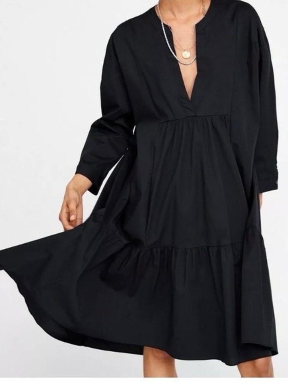 Zara Black V-Neck Tiered Midi Dress